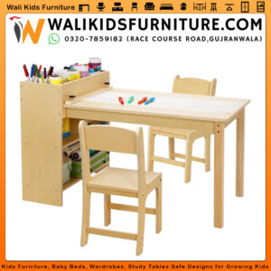 Kids Study And Art Table and 2 Chairs, Toddler Activity Table with Large Storage Shelves