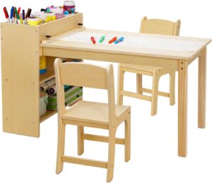 Kids Study And Art Table and 2 Chairs, Toddler Activity Table with Large Storage Shelves