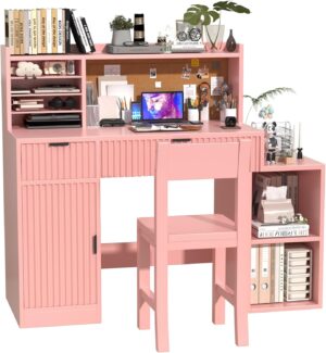 Pink Kids Fluted Desk and Chair Set,Kids Study Table and Chair Set with 2 Fluted Drawers