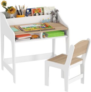 Kids Desk and Chair Set, Study Desk for Kids with Storage and Shelves