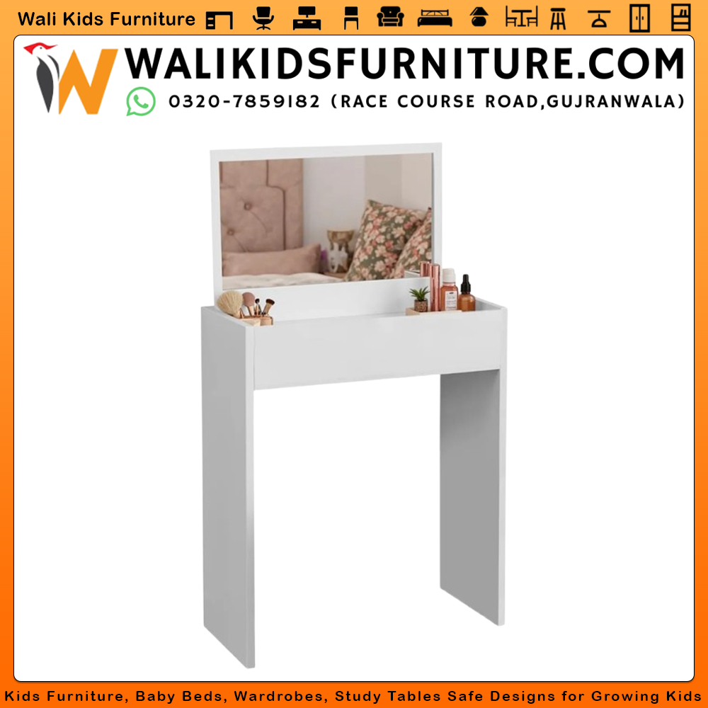 Elegant White Vanity Table with Mirror – Modern Makeup Desk for Bedroom | Wali Kids Furniture Gujranwala