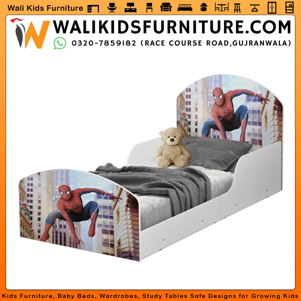 Kids Single Bed Spider-Man Character Sticker | Lamination Plywood Kids Bed in Gujranwala