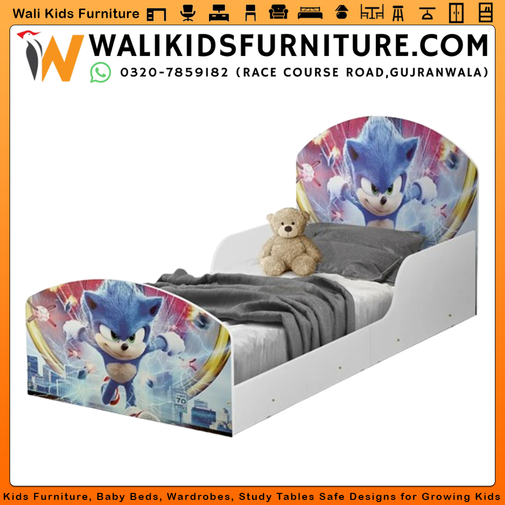 Single Kids Bed Sonic Character Sticker | Lamination Plywood Kids Bed in Gujranwala