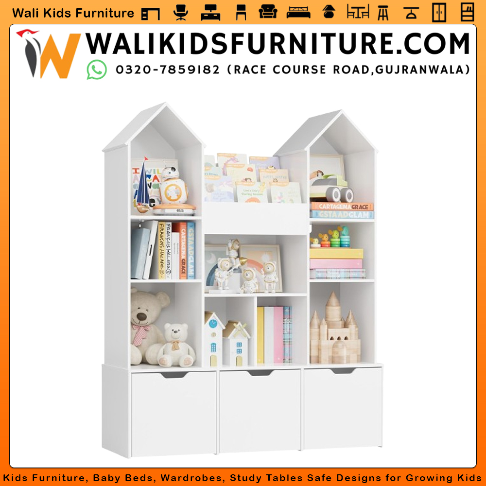 Toy Storage Organizer with Castle Roof | Large Kids Bookshelf Dollhouse with Drawers & Cubbies | Lamination Plywood