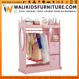Kids Dress Up Storage with Mirror & Armoire Closet with Hanging Rod, Shelves & Bins | Lamination Plywood Kids Wardrobe in Gujranwala