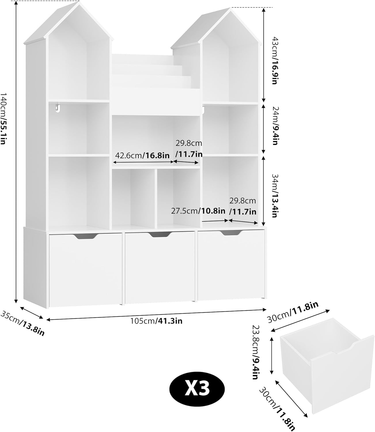 Toy Storage Organizer with Castle Roof | Large Kids Bookshelf Dollhouse with Drawers & Cubbies | Lamination Plywood - Image 3