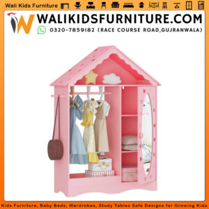Kids Wardrobe Closet with Mirror & Open Hanging Costume Organizer | Lamination Plywood Kids Dress-Up Storage in Gujranwala