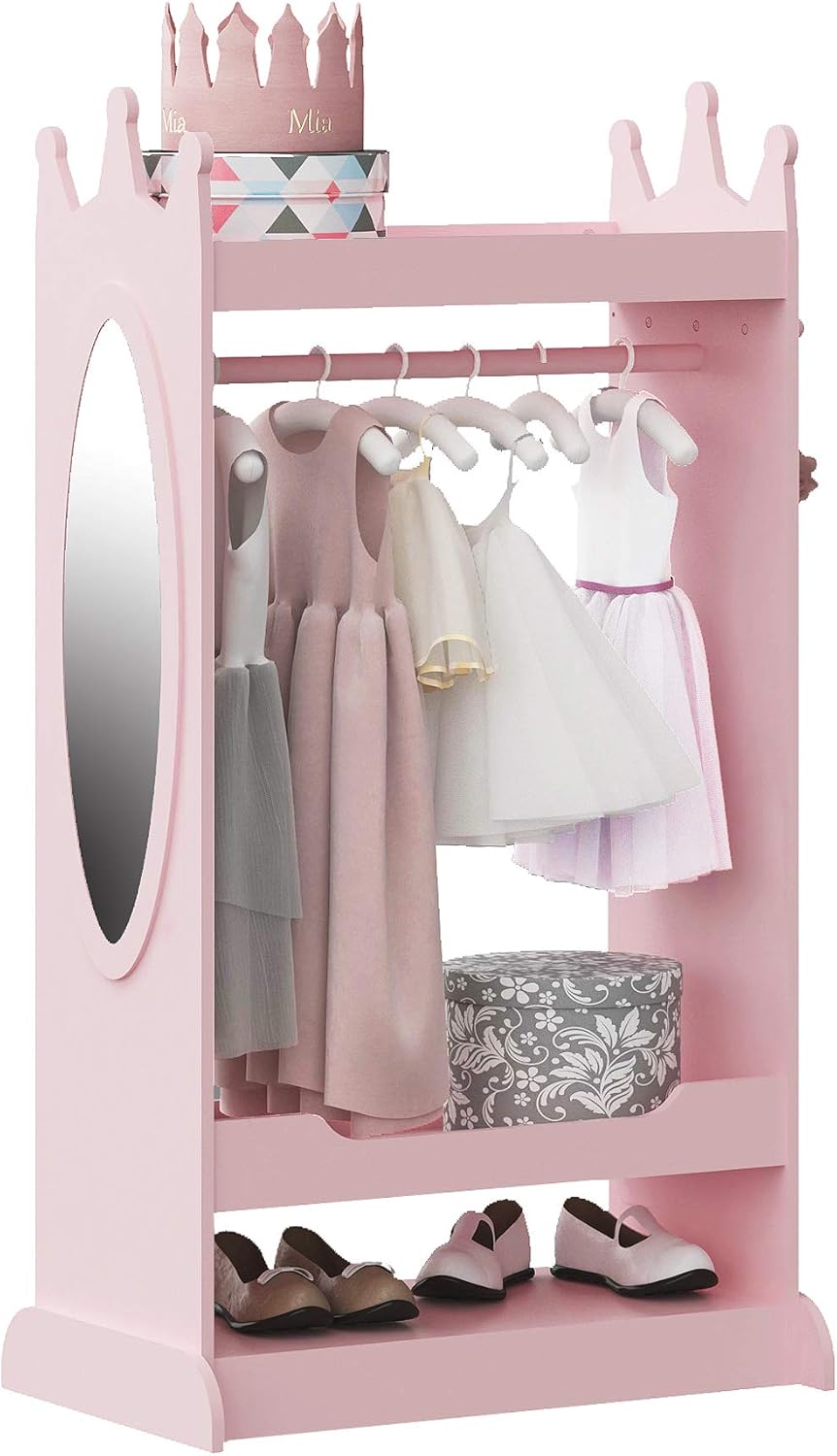 Kids Dress Up Storage with Mirror Wardrobe | Open Hanging Armoire Closet for Kids – Lamination Plywood - Image 2