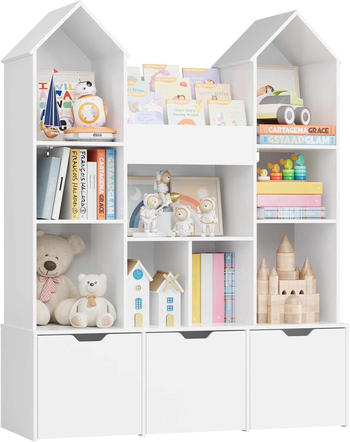 Toy Storage Organizer with Castle Roof | Large Kids Bookshelf Dollhouse with Drawers & Cubbies | Lamination Plywood - Image 2
