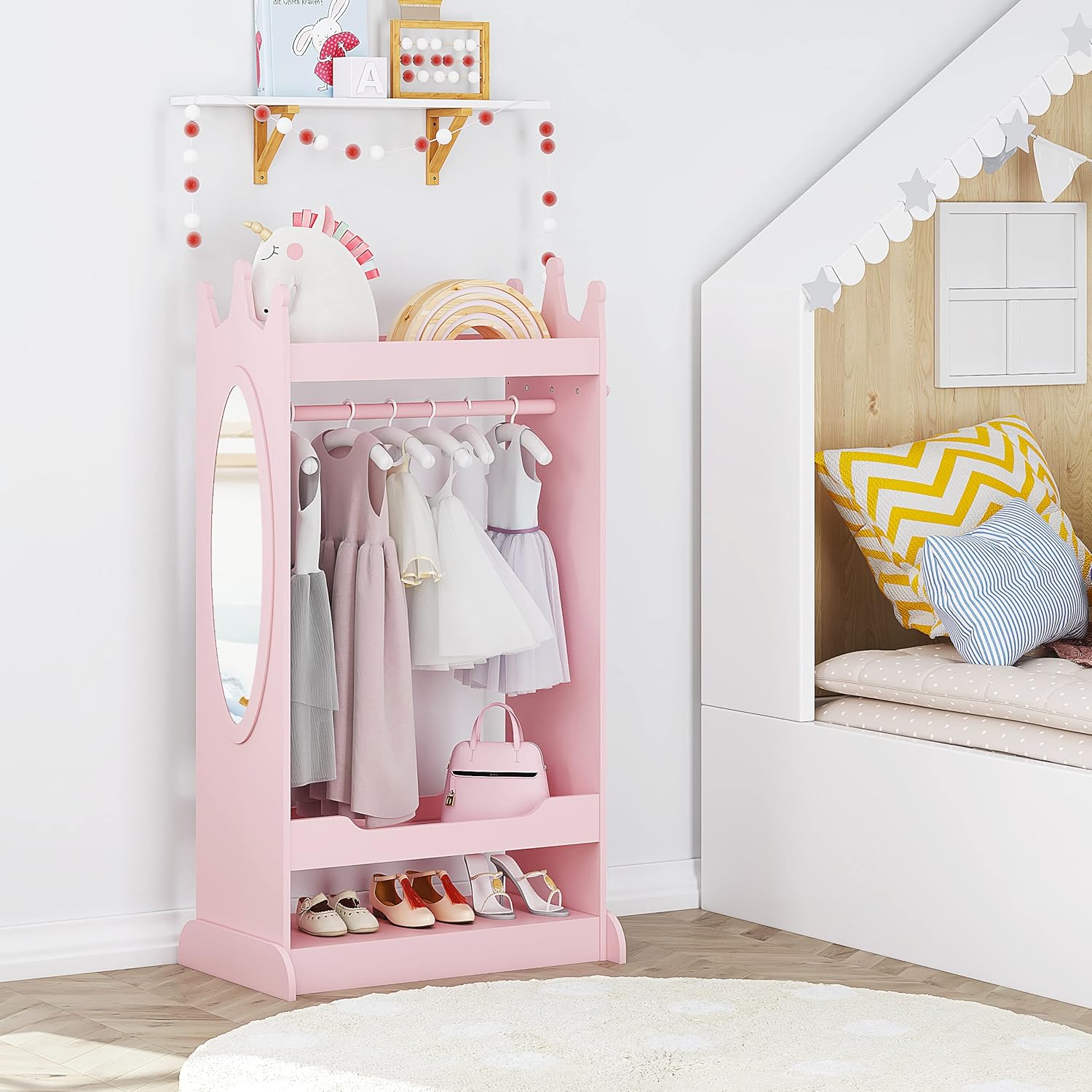 Kids Dress Up Storage with Mirror Wardrobe | Open Hanging Armoire Closet for Kids – Lamination Plywood - Image 7