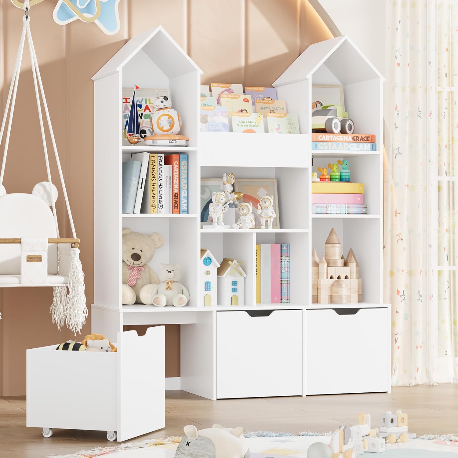 Toy Storage Organizer with Castle Roof | Large Kids Bookshelf Dollhouse with Drawers & Cubbies | Lamination Plywood - Image 6