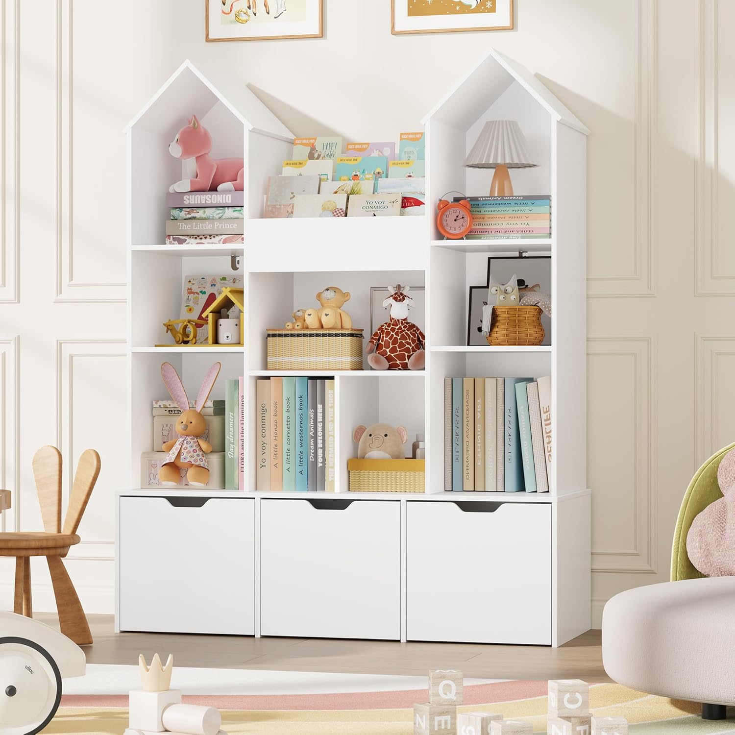 Toy Storage Organizer with Castle Roof | Large Kids Bookshelf Dollhouse with Drawers & Cubbies | Lamination Plywood - Image 7