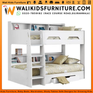 Kids Standard Bunk Bed with Shelves & Drawer | Space-Saving Bunker Bed Gujranwala | Lamination Plywood