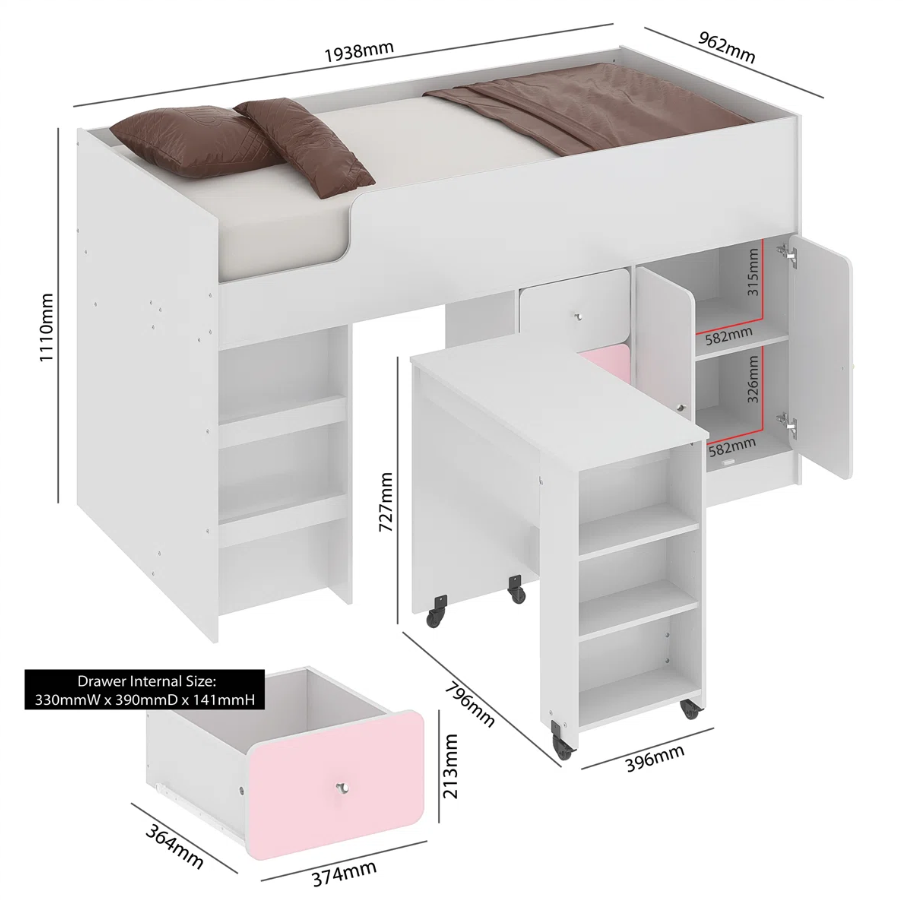 Liston Kids Midsleeper Bed with Ladder & Storage | Space-Saving Bed | Lamination Plywood - Image 4