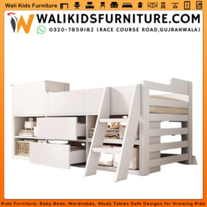 Single Kids Bed with 2 Drawers & Shelves – Laminated Plywood Kids Furniture | Wali Kids Furniture Gujranwala