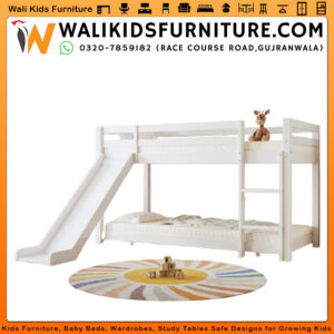 Children’s Cabin Bunk Bed with Slide & Adjustable Ladder – Extendable Lower Bed, Laminated Plywood | Wali Kids Furniture Gujranwala