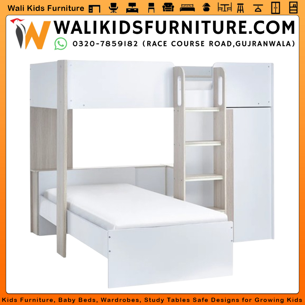 Double Bunk Bed with Wardrobe for Kids – Laminated Plywood Storage Bunker Bed | Wali Kids Furniture Gujranwala