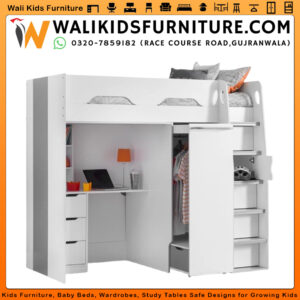 Single Kids 4-Drawer High Sleeper Loft Bed with Built-in Desk – Laminated Plywood Kids Furniture | Wali Kids Furniture Gujranwala