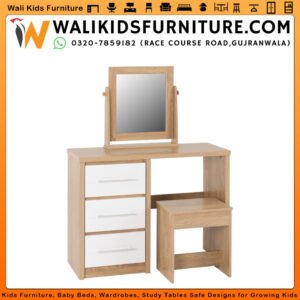 Dressing table set with 3 drawers swivel mirror and matching stool girls teen bedroom by Wali Kids Furniture Gujranwala Pakistan