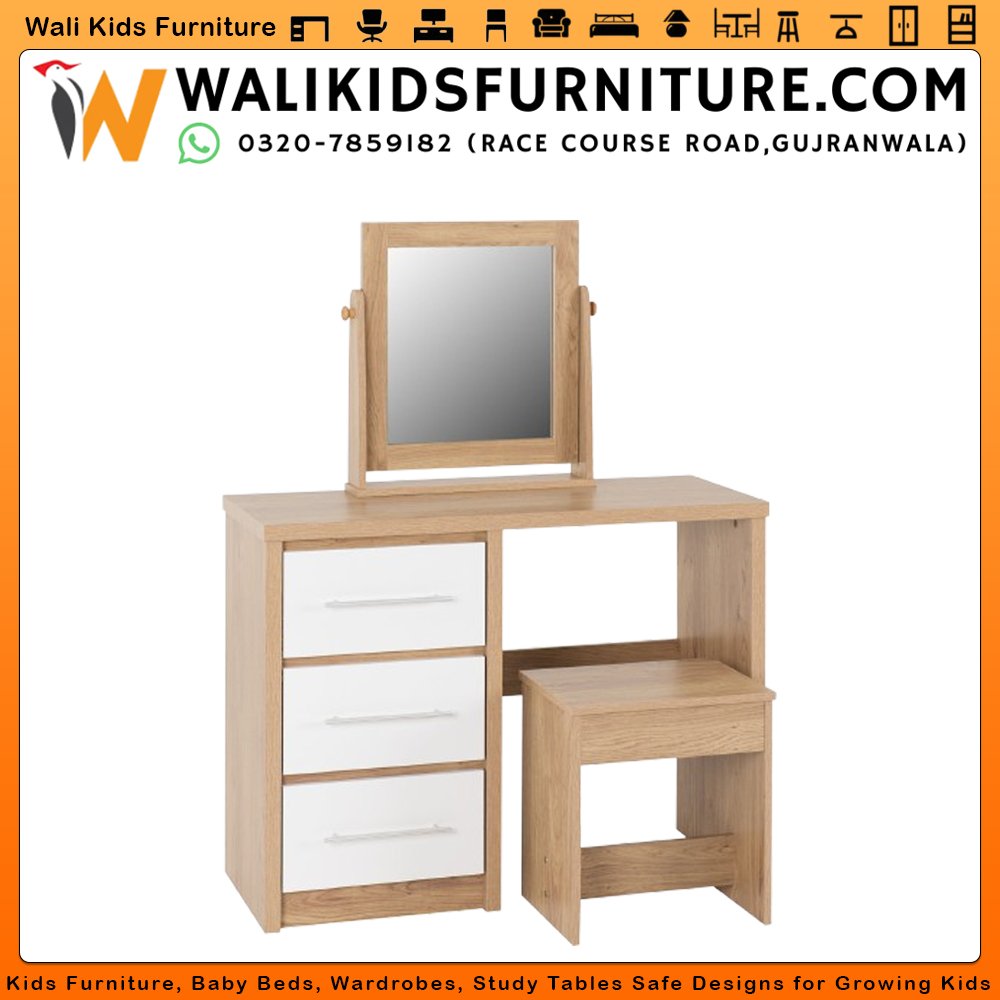 Dressing table set with 3 drawers swivel mirror and matching stool girls teen bedroom by Wali Kids Furniture Gujranwala Pakistan