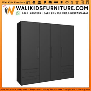 4 Door Wardrobe in Gujranwala, All Black Matte Design with Four Drawers