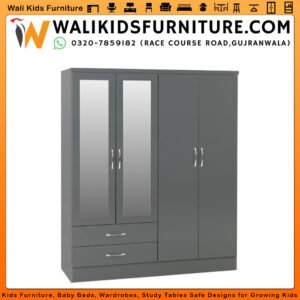 4 Door Wardrobe with Mirror and 2 Drawers in Gujranwala - Grey Modern Design