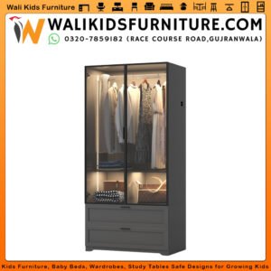 2 Door Mirror Wardrobe in Gujranwala - Two Drawers with LED Light Design