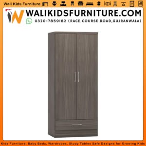 2 Door Wardrobe with 1 Drawer in Gujranwala - Dark Walnut Natural Storage Design