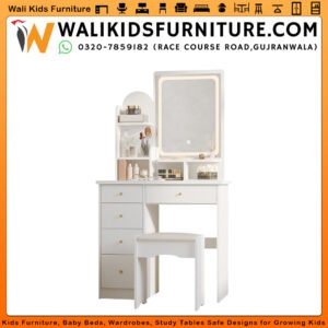 Premium white dressing table set with LED touch mirror 5 drawers open shelves and cushioned stool girls teen bedroom by Wali Kids Furniture Gujranwala Pakistan