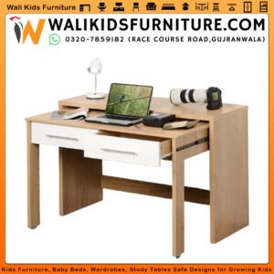 Extendable sliding study desk oak and white 2 drawers space saving kids teen home office by Wali Kids Furniture Gujranwala Pakistan