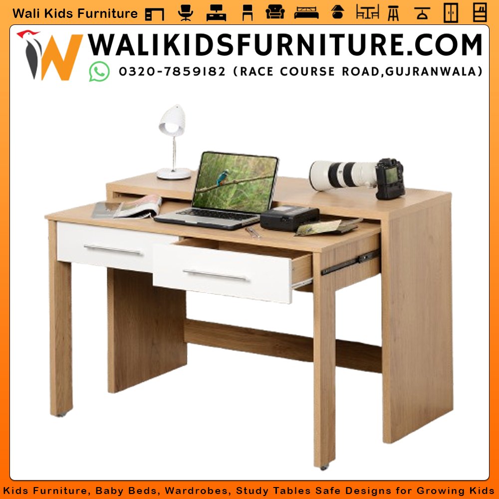 Extendable sliding study desk oak and white 2 drawers space saving kids teen home office by Wali Kids Furniture Gujranwala Pakistan