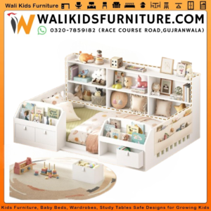Montessori Floor Bed with 2-Tier L-Shaped Bookcase, Storage Drawers & Guardrails in Gujranwala
