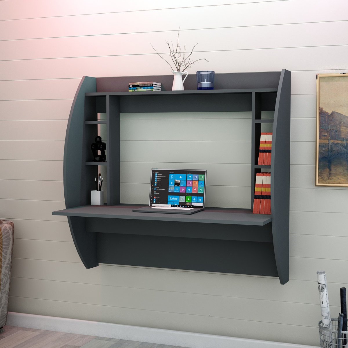 Wall Mounted Study Desk (Kids Room) Floating Desk with Convenient Side Shelves - Image 4
